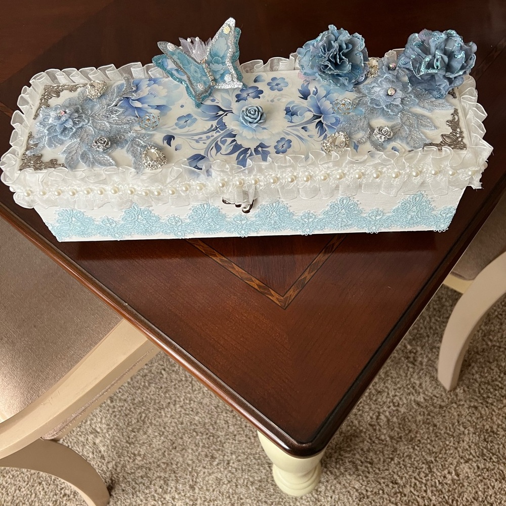 Hand Crafted Blue and White Floral Jewelry Box ~ wooden box ~ Bling & things Kim